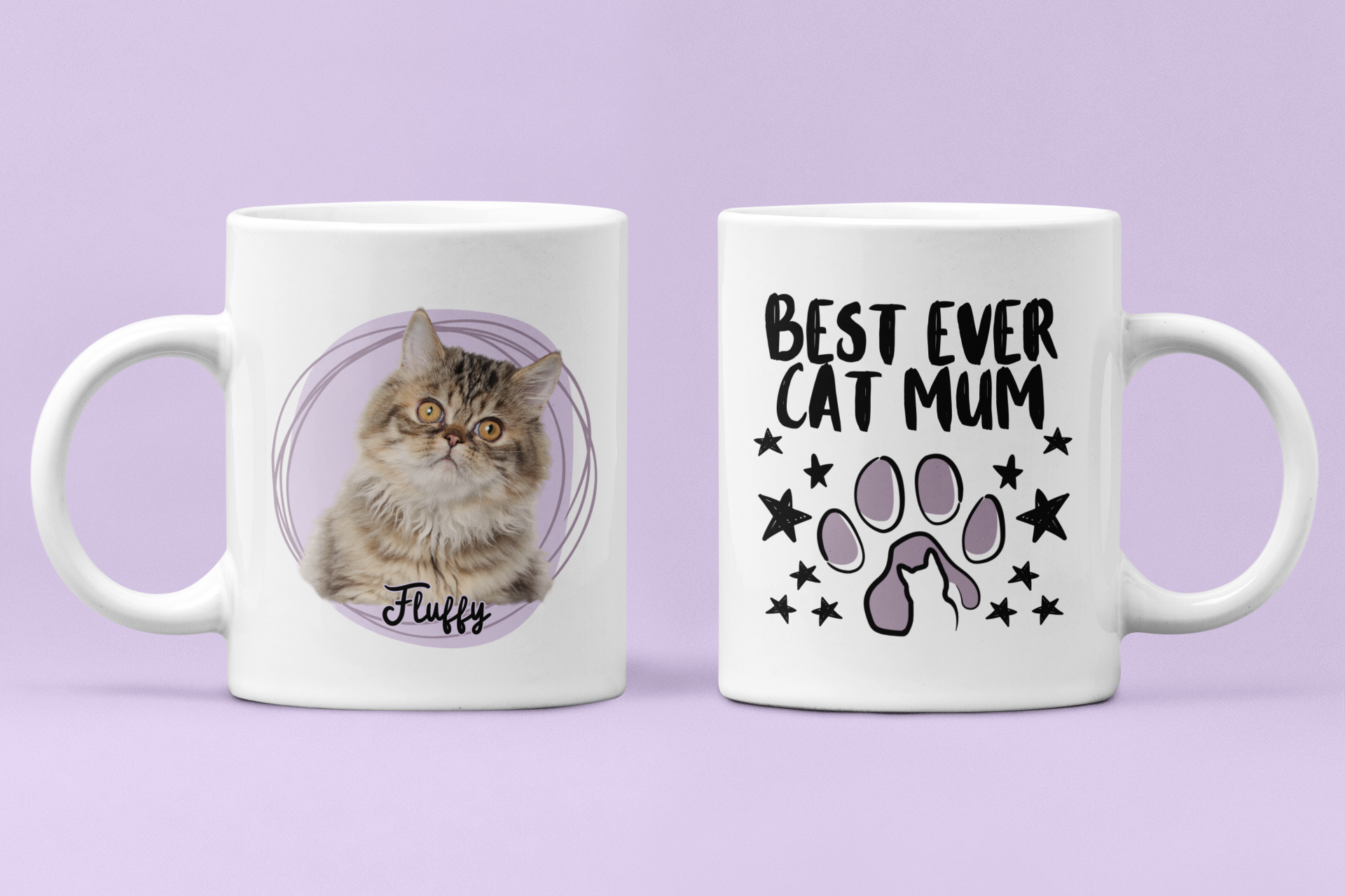 Two white mugs with a cat-themed design on a purple background