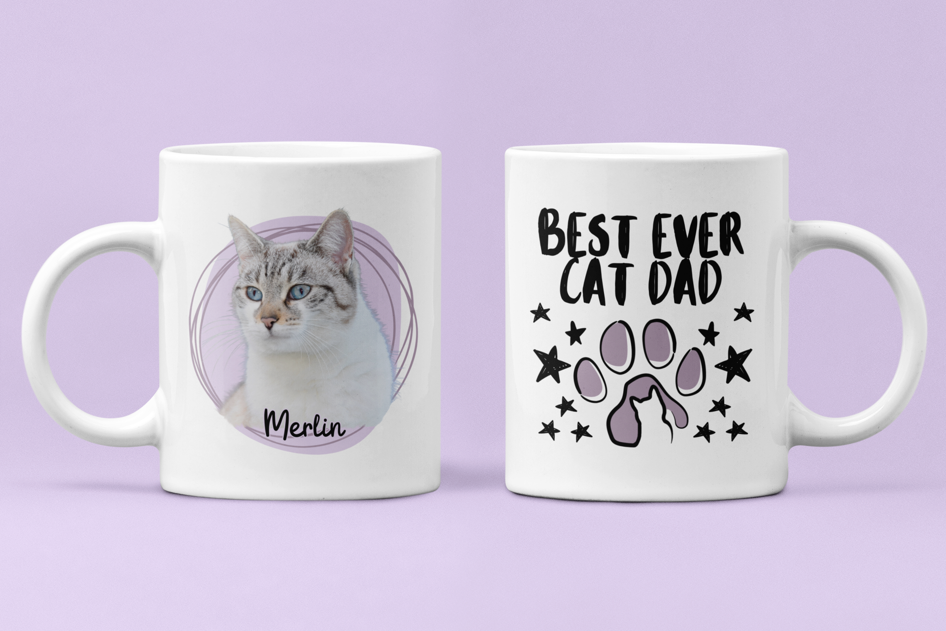 Two white mugs with a cat-themed design on a purple background