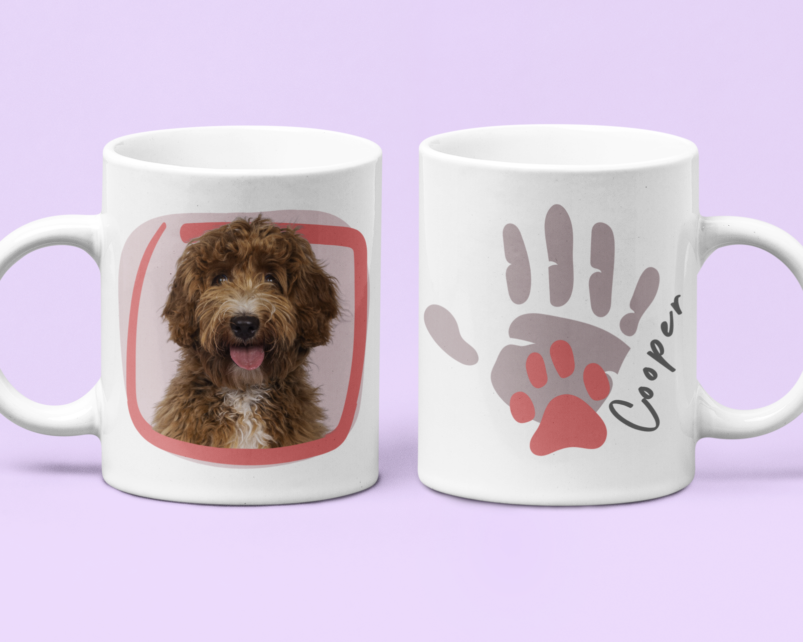 Two white mugs with personalized designs on a light purple background