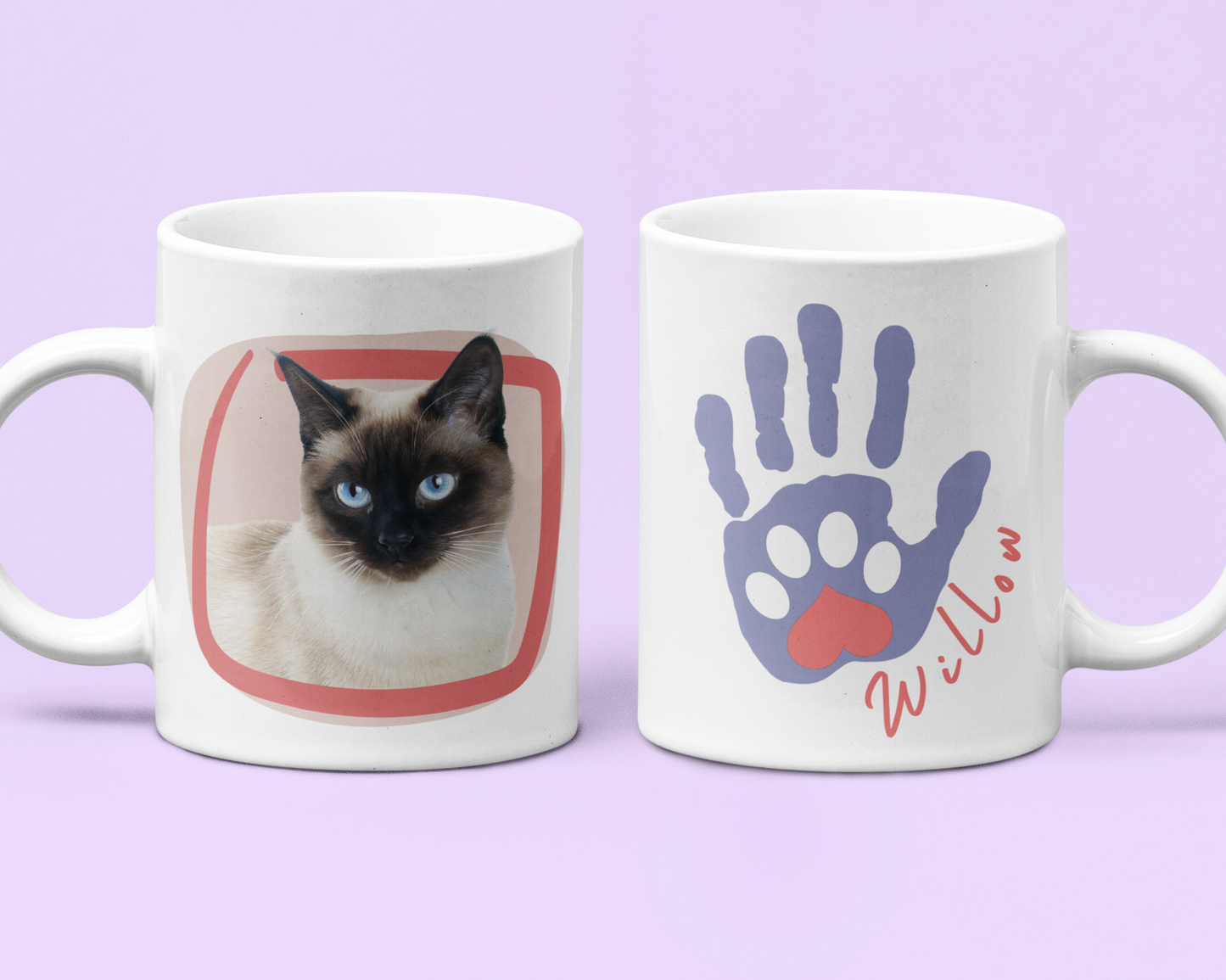 Two mugs, one with a cat photo and the other with a handprint and paw print design, on a light purple background.