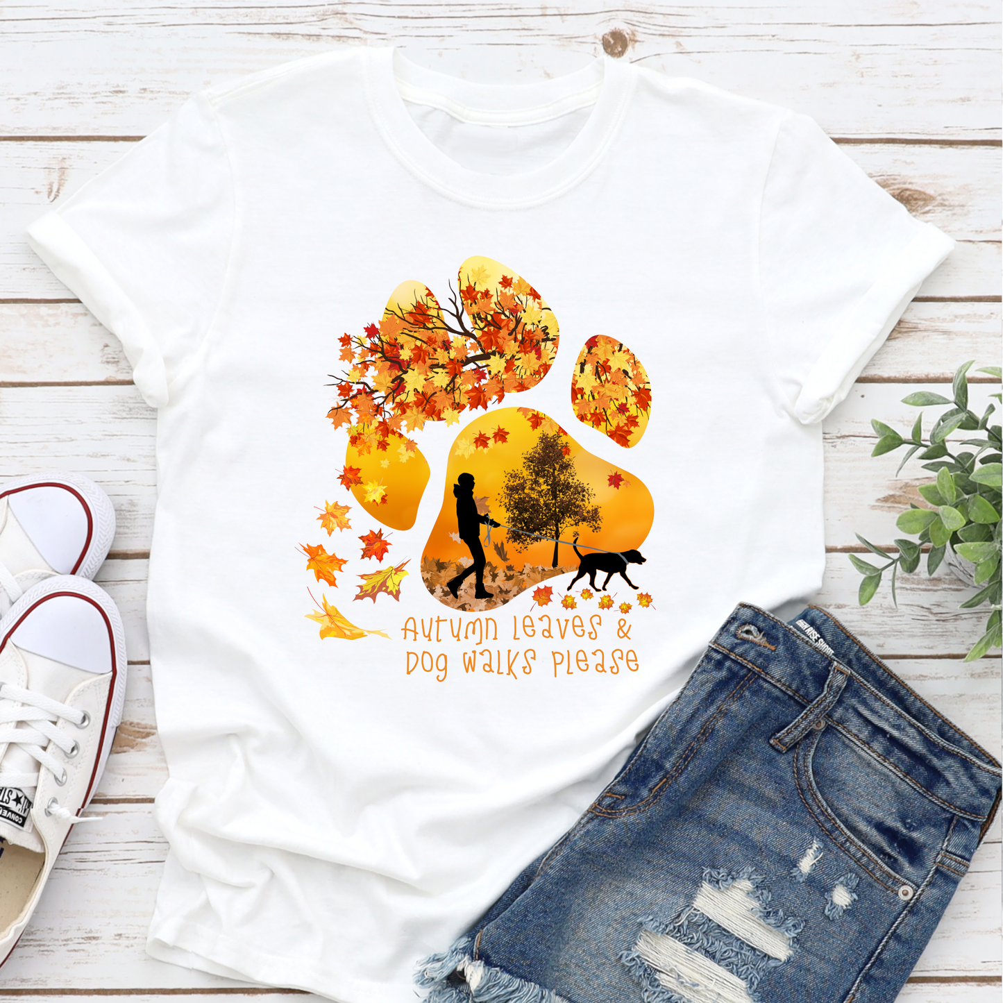 Paw print autumn leaves white unisex/non binary dog lover tshirt