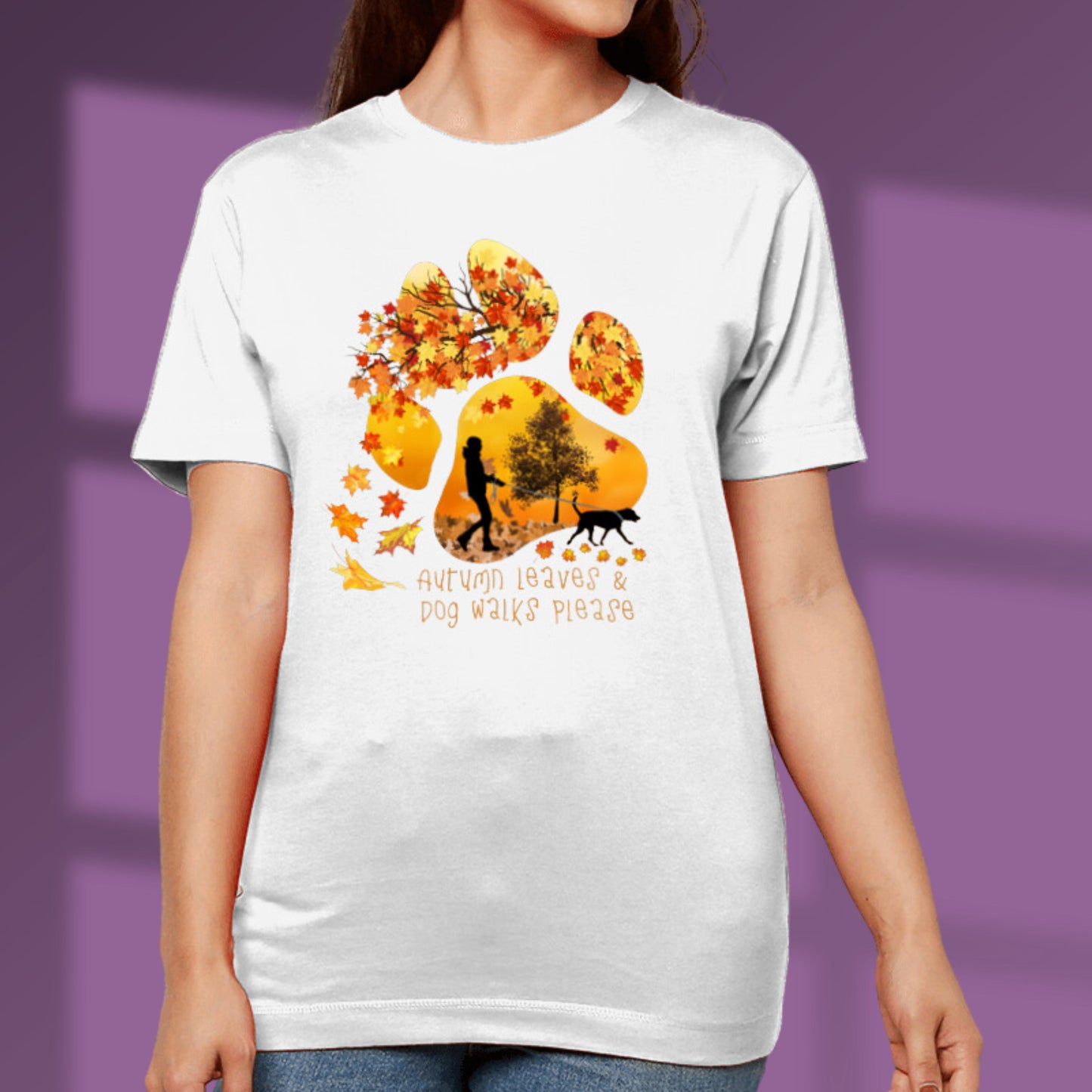 Dog Walker Tshirt Autumn Leaves Paw Print Dog Lover T shirt Dog Owner Gift white