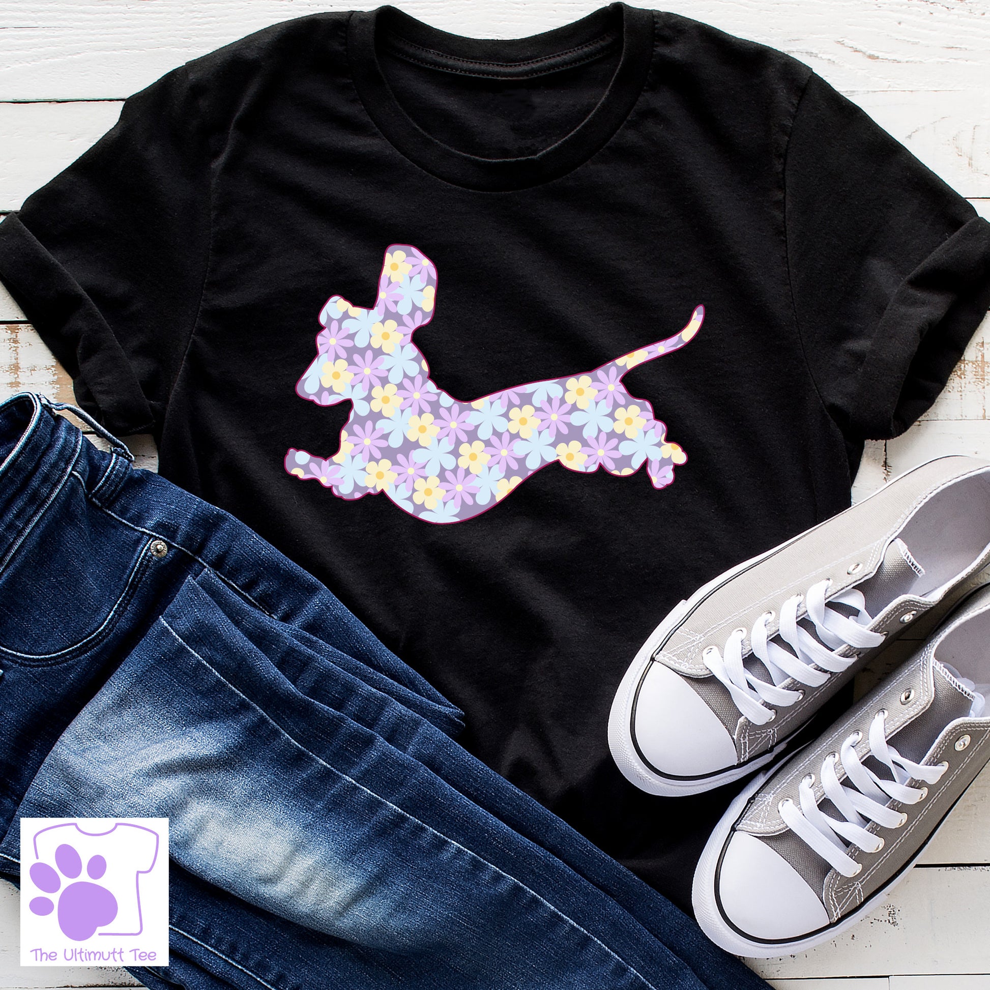 Flower Pattern Dachshund Dog Lover Vegan T-shirt  black