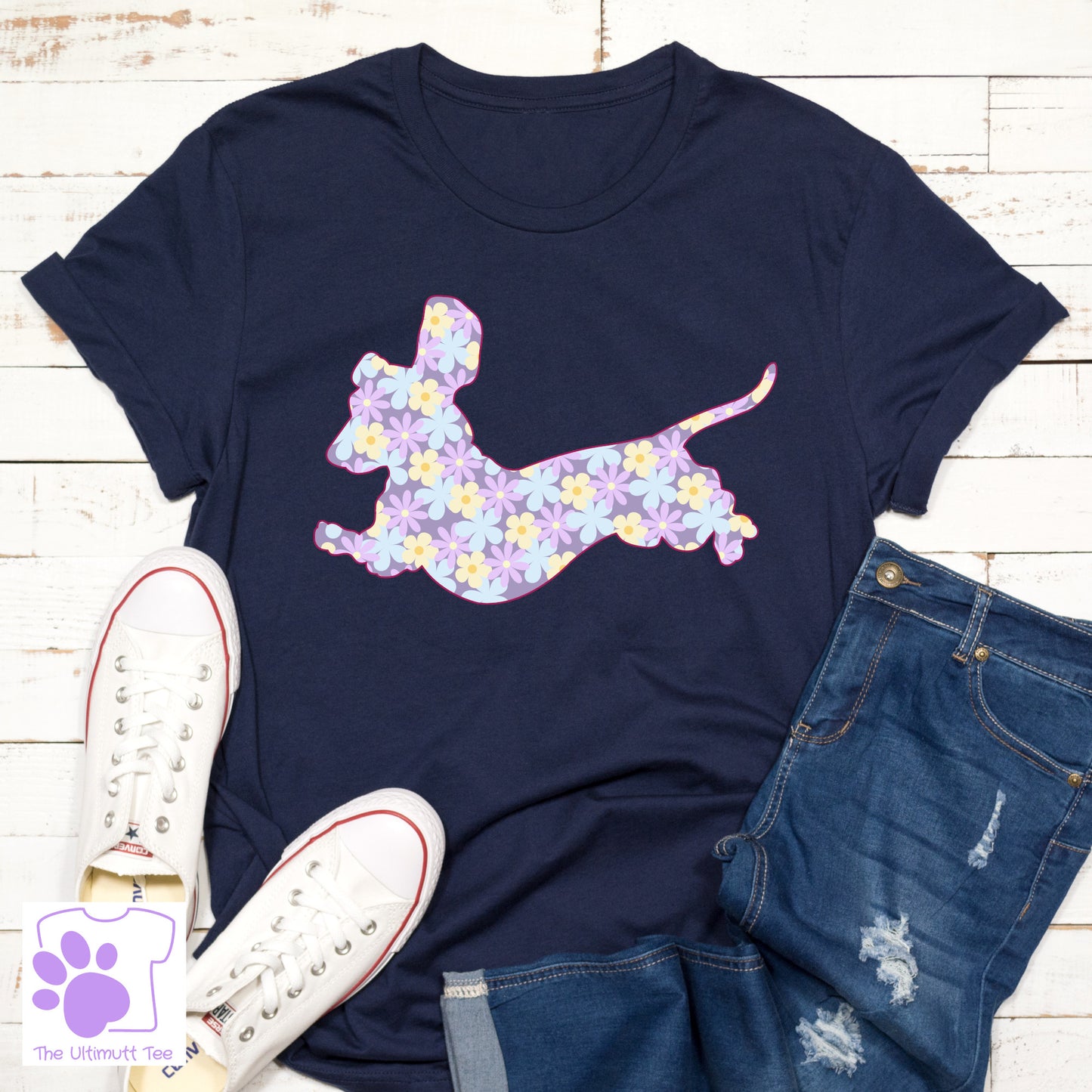 Flower Pattern Dachshund Dog Lover Vegan T-shirt  navy