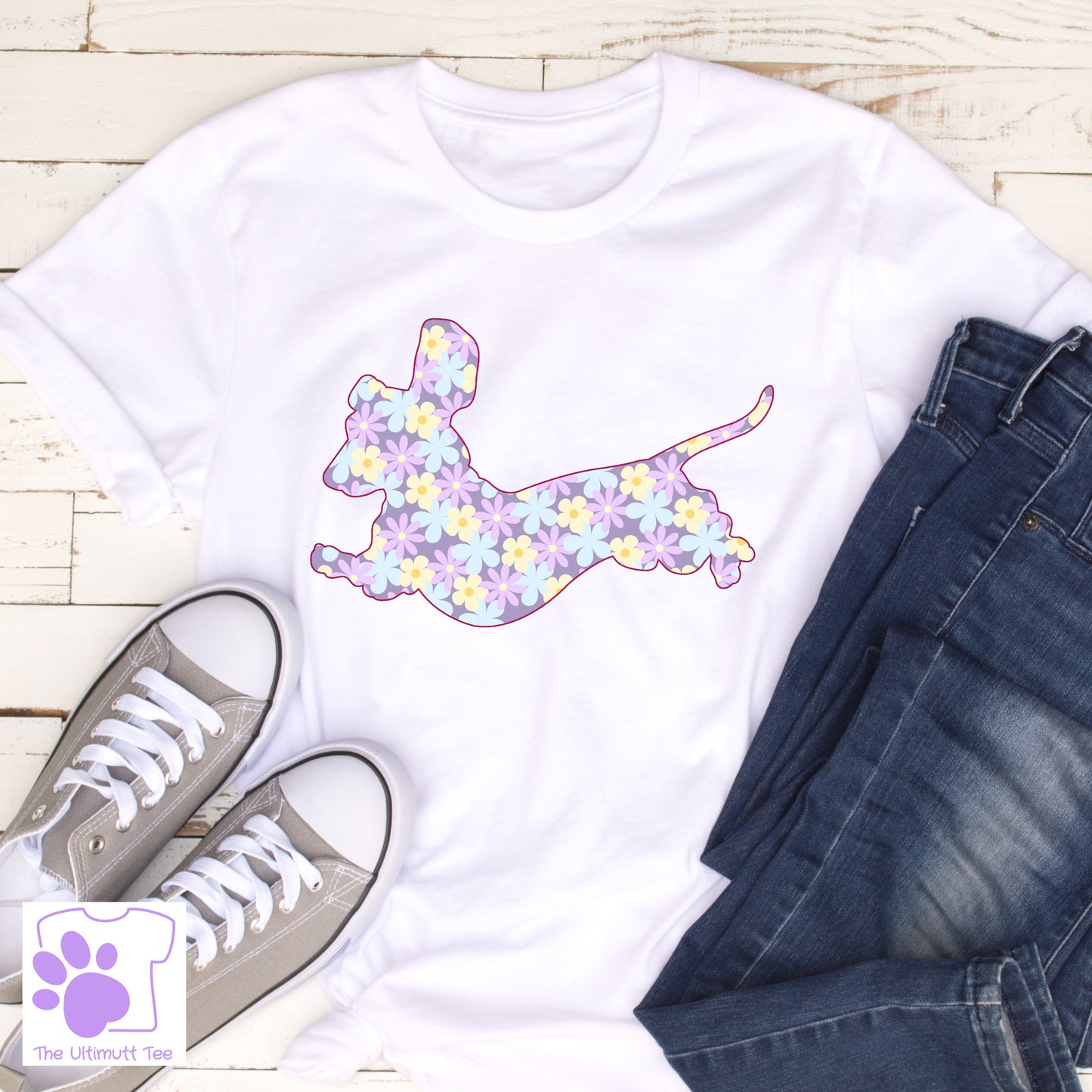 Flower Pattern Dachshund Dog Lover Vegan T-shirt  white