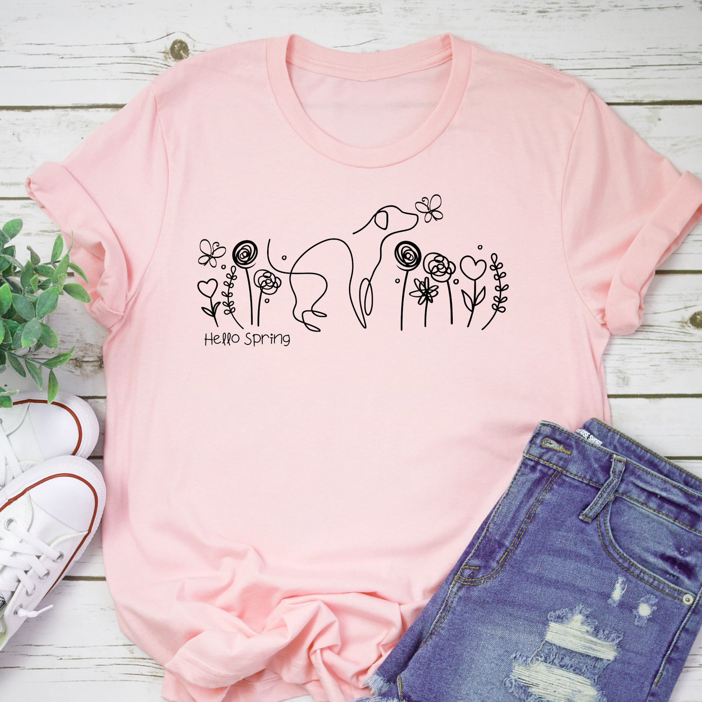 Flower Pattern Tshirt Spring Flowers T Shirt Line Art Dog Lover Vegan T-shirt