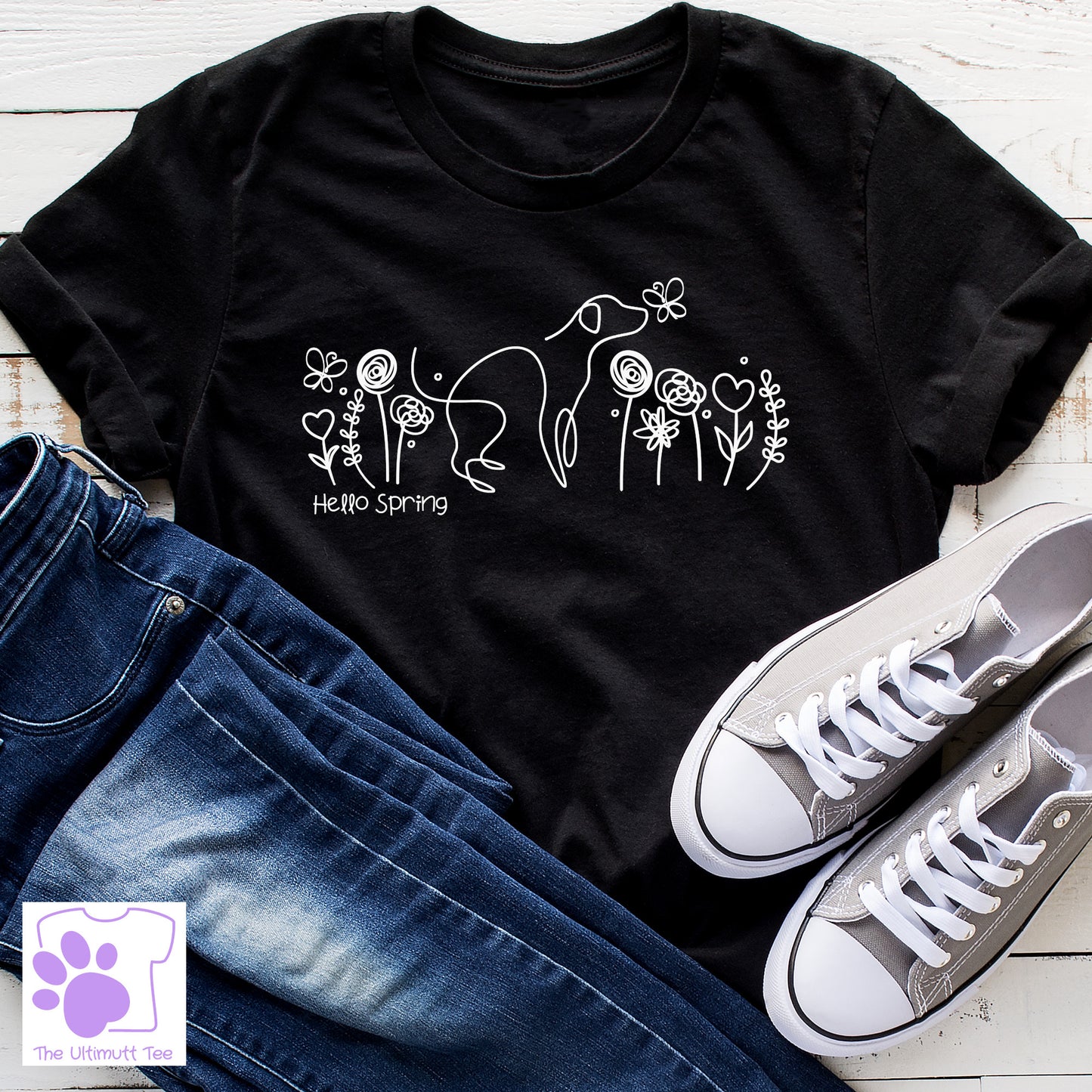 Flower Pattern Tshirt Spring Flowers T Shirt Line Art Dog Lover Vegan T-shirt