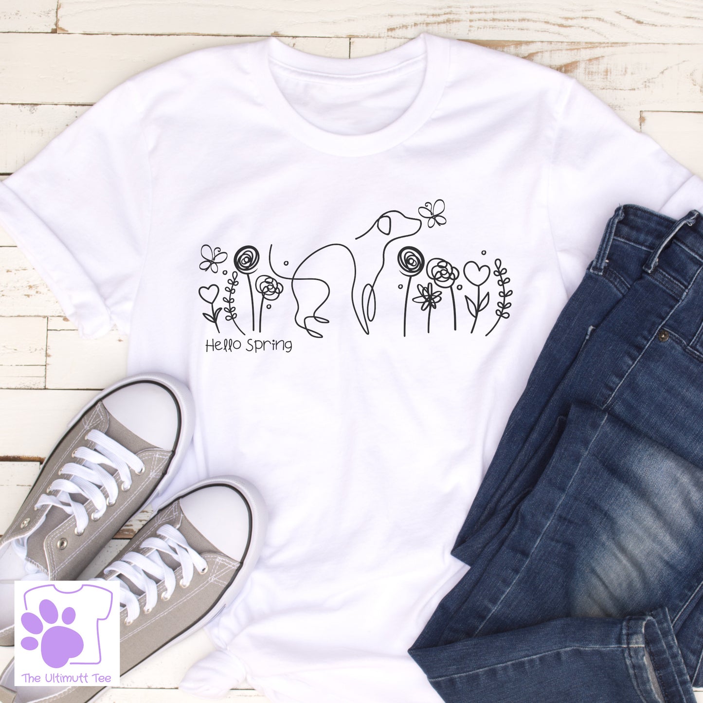 Flower Pattern Tshirt Spring Flowers T Shirt Line Art Dog Lover Vegan T-shirt