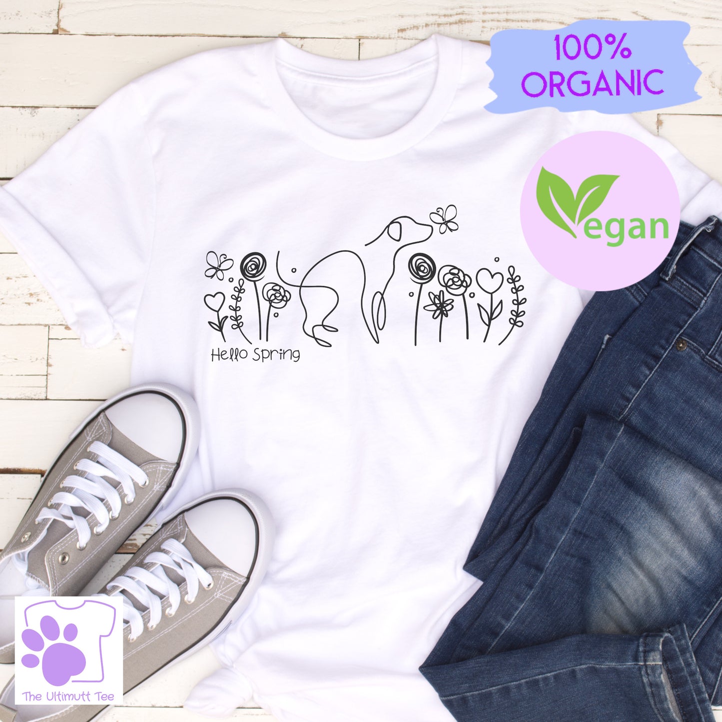 Flower Pattern Tshirt Spring Flowers T Shirt Line Art Dog Lover Vegan T-shirt