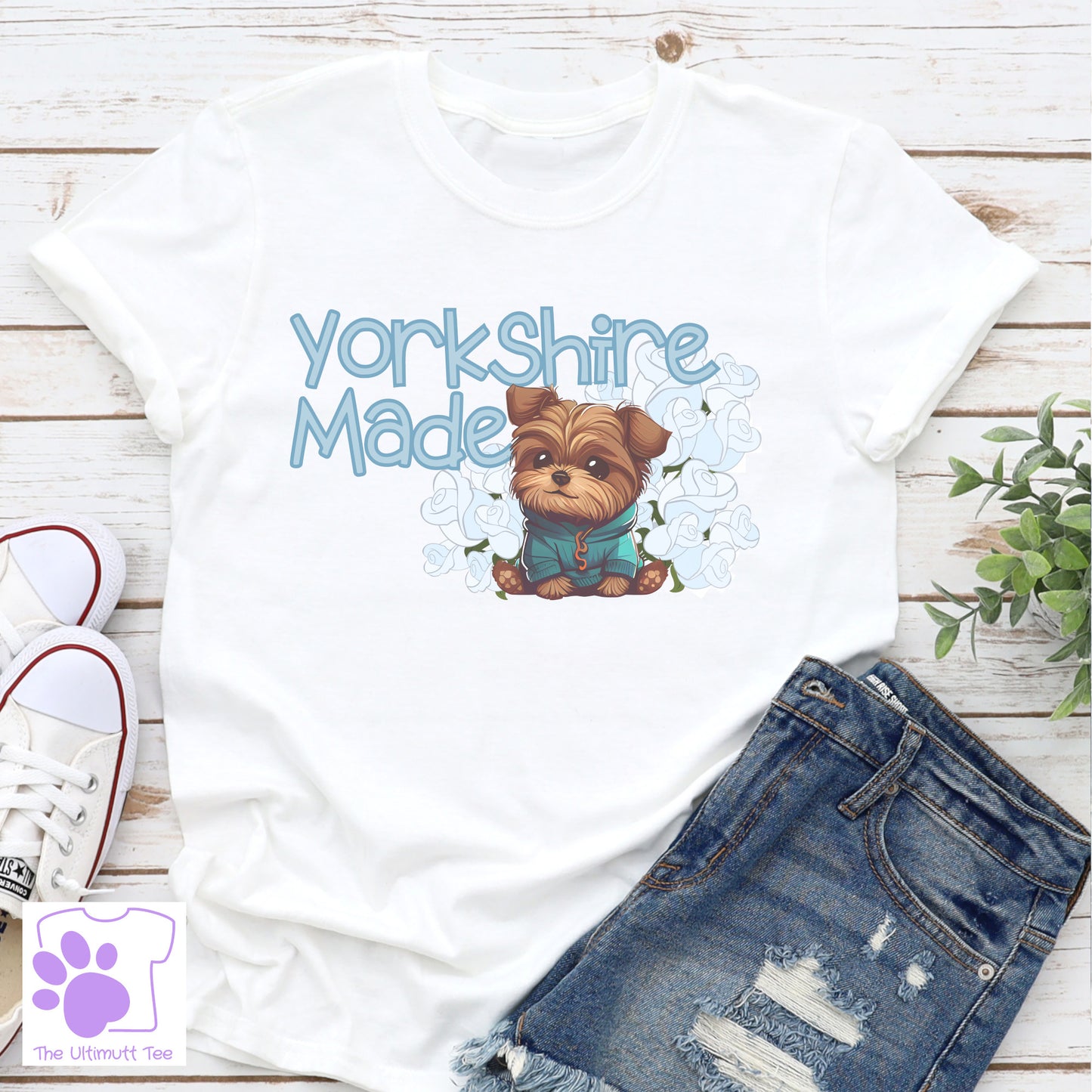 Yorkshire Made Yorkie White Rose Dog Lover Slogan T-shirt, Dog Owner Gift