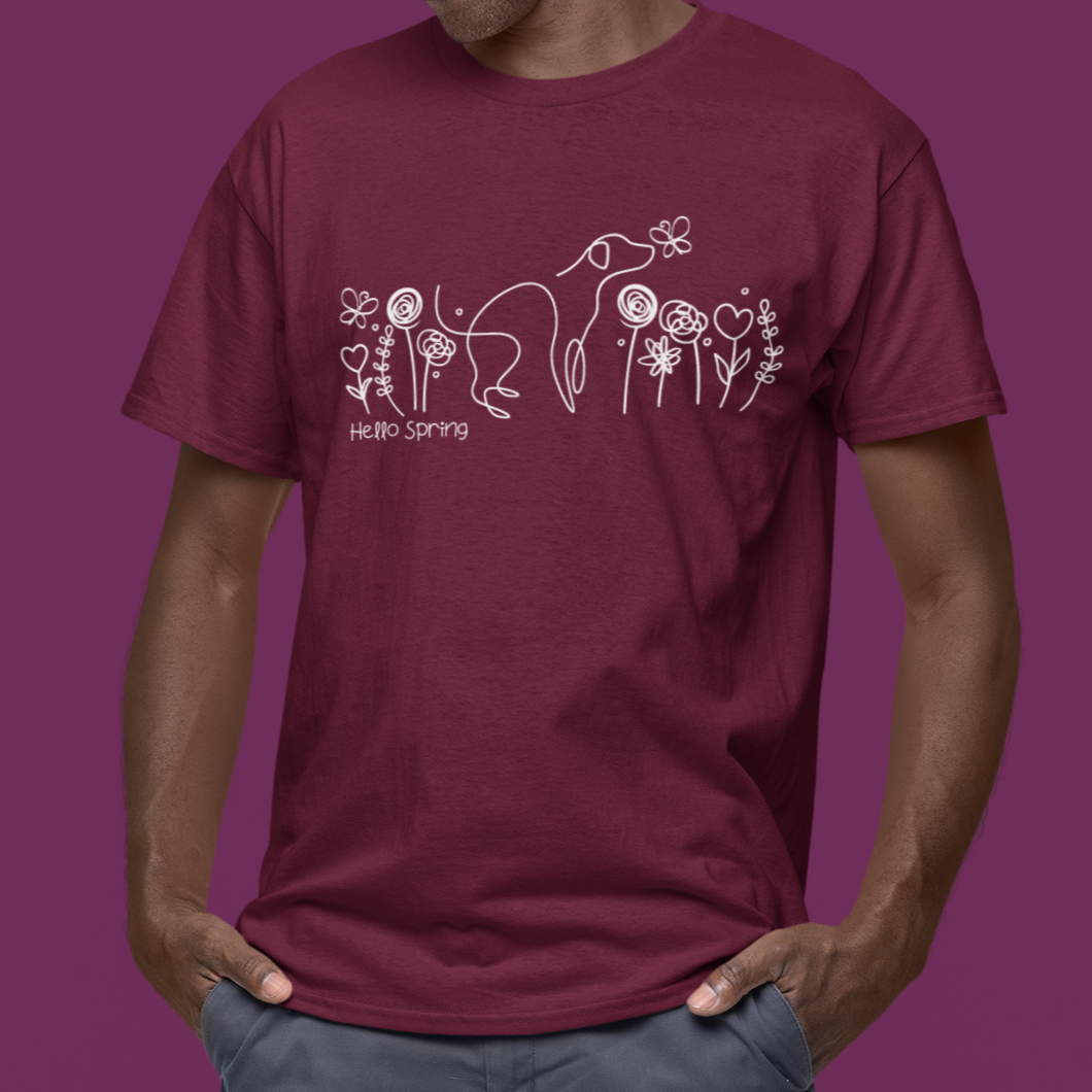 Flower Pattern Tshirt Spring Flowers T Shirt Line Art Dog Lover Vegan T-shirt burgundy