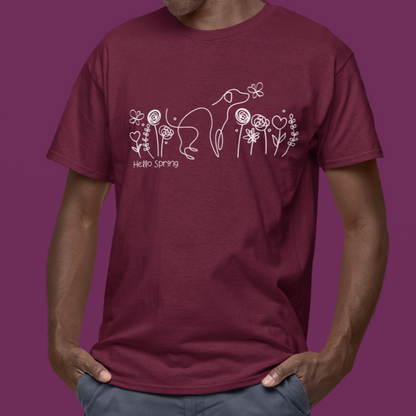 Flower Pattern Tshirt Spring Flowers T Shirt Line Art Dog Lover Vegan T-shirt burgundy