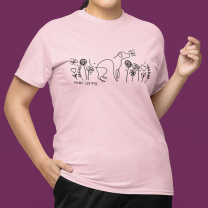 Flower Pattern Tshirt Spring Flowers T Shirt Line Art Dog Lover Vegan T-shirt pink