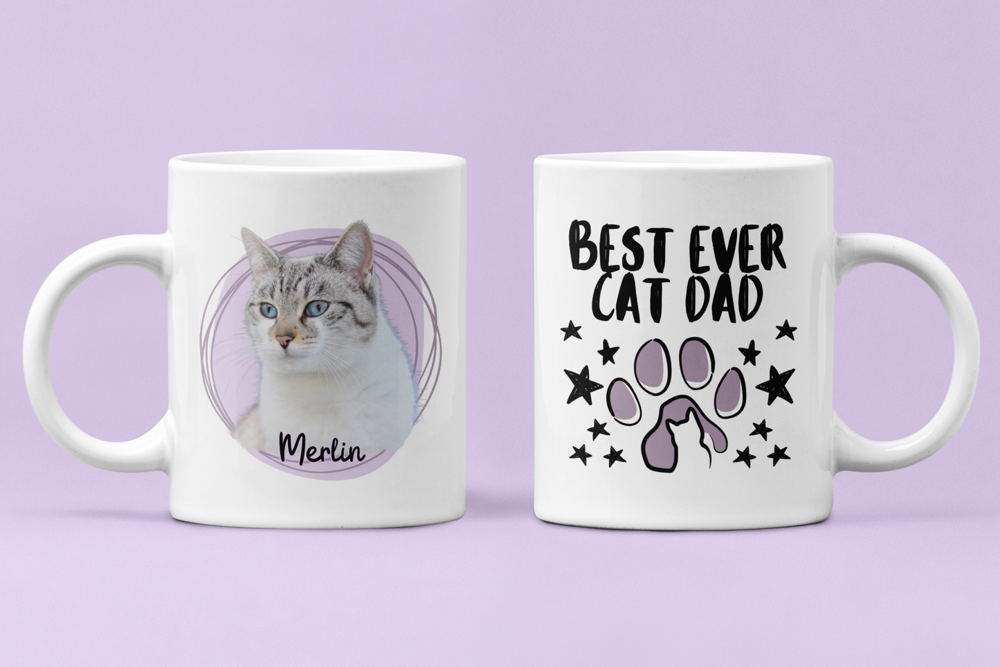 Two white mugs with a cat-themed design on a purple background