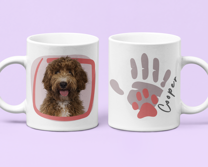Two white mugs with personalized designs on a light purple background