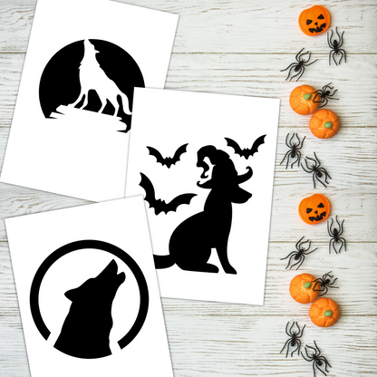 Dog Designs Printable Pumpkin Face Stencil Template Set, Jack-o-lantern Carving Halloween Craft