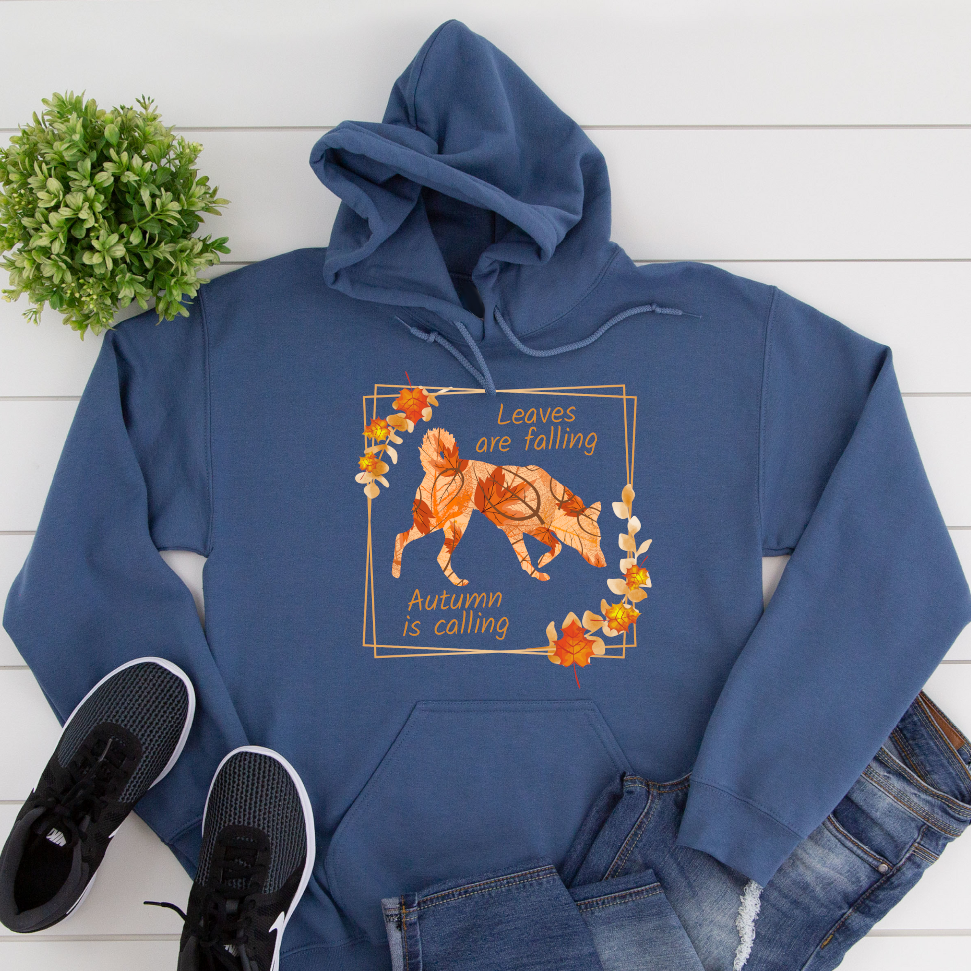 Autumn Leaves Print Dog Lover Hoodie Dog Owner Gift unisex / non binary Hoodie blue