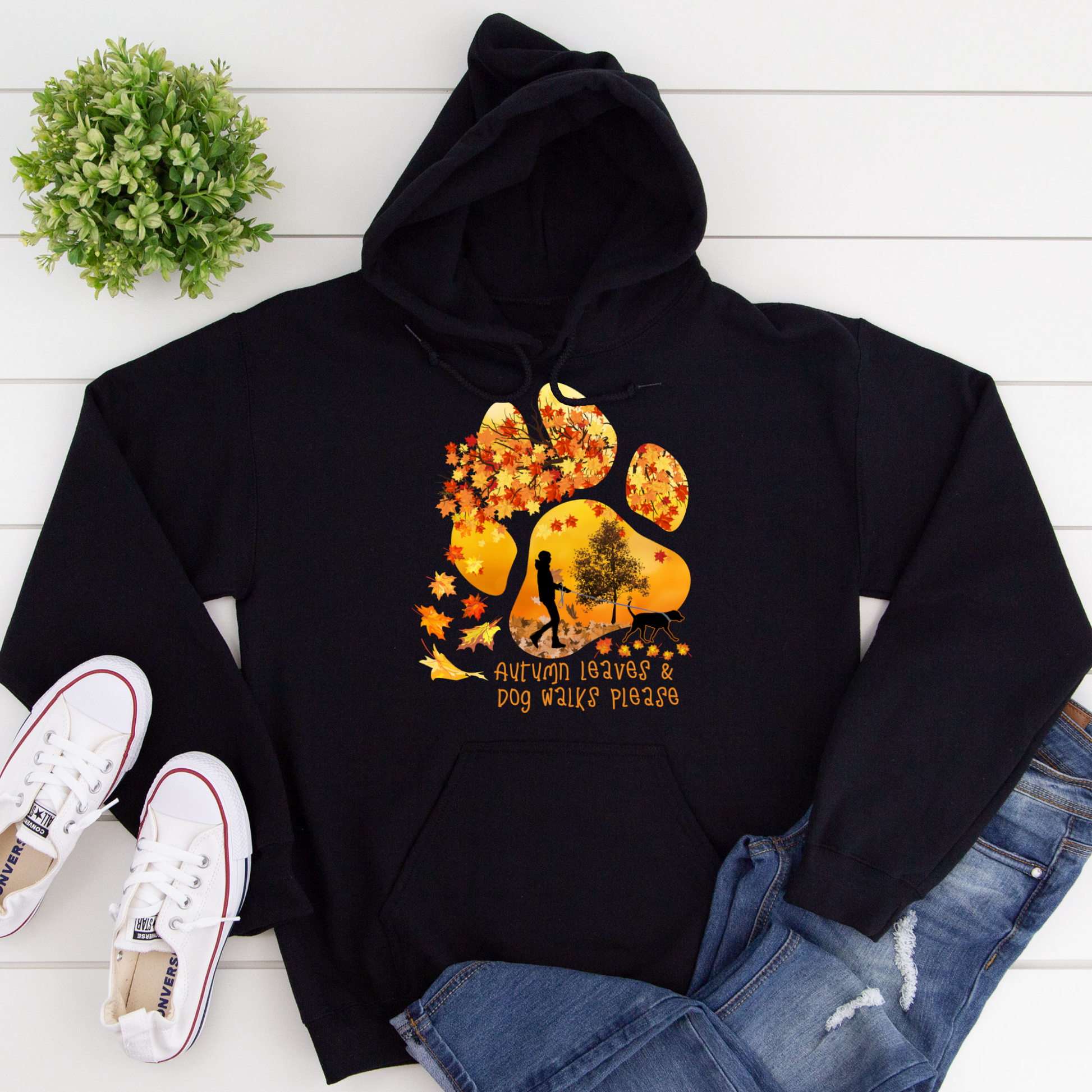 Autumn Leaves Dog Walker Paw Print Dog Lover Hoodie Dog Owner Gift  unisex / non binary hoodie black