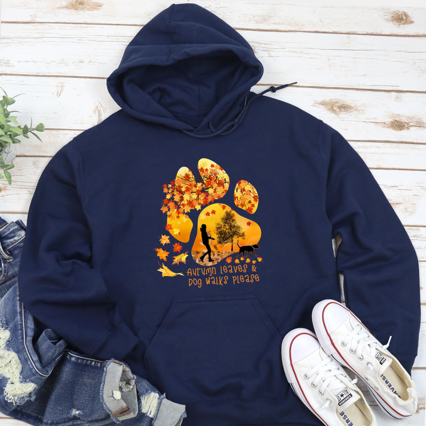 Autumn Leaves Dog Walker Paw Print Dog Lover Hoodie Dog Owner Gift  unisex / non binary hoodie navy