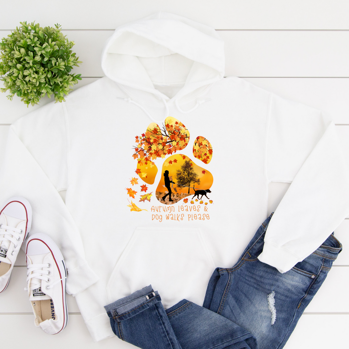 Autumn Leaves Dog Walker Paw Print Dog Lover Hoodie Dog Owner Gift  unisex / non binary hoodie white