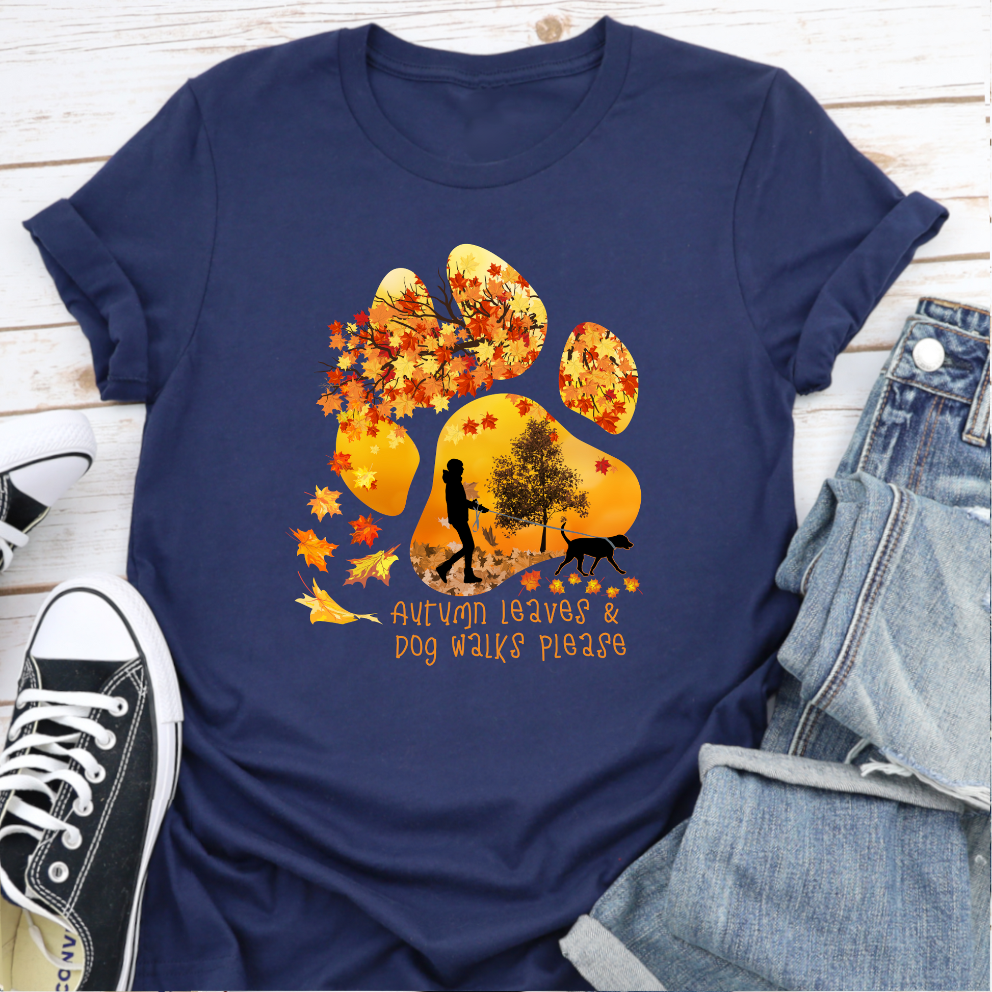 Paw print autumn leaves navy dog lover unisex/non binary tshirt