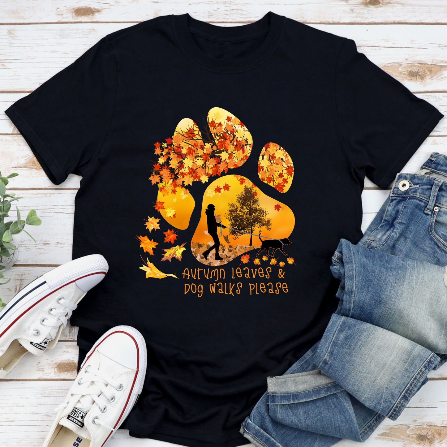 Paw print autumn leaves black dog lover unisex/non binary tshirt