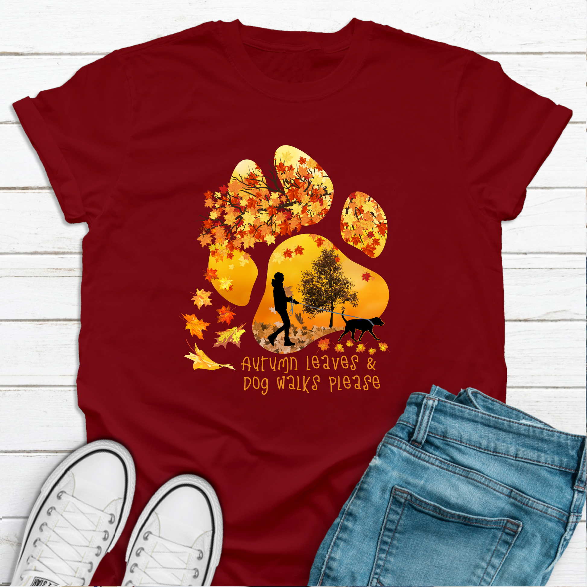 Paw print autumn leaves red unisex/non binary dog lover tshirt