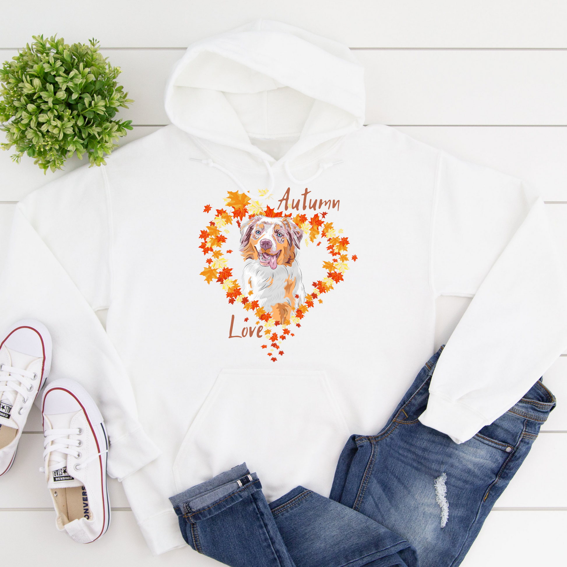 Autumn Leaves Australian Shepherd Dog Lover Hoodie white