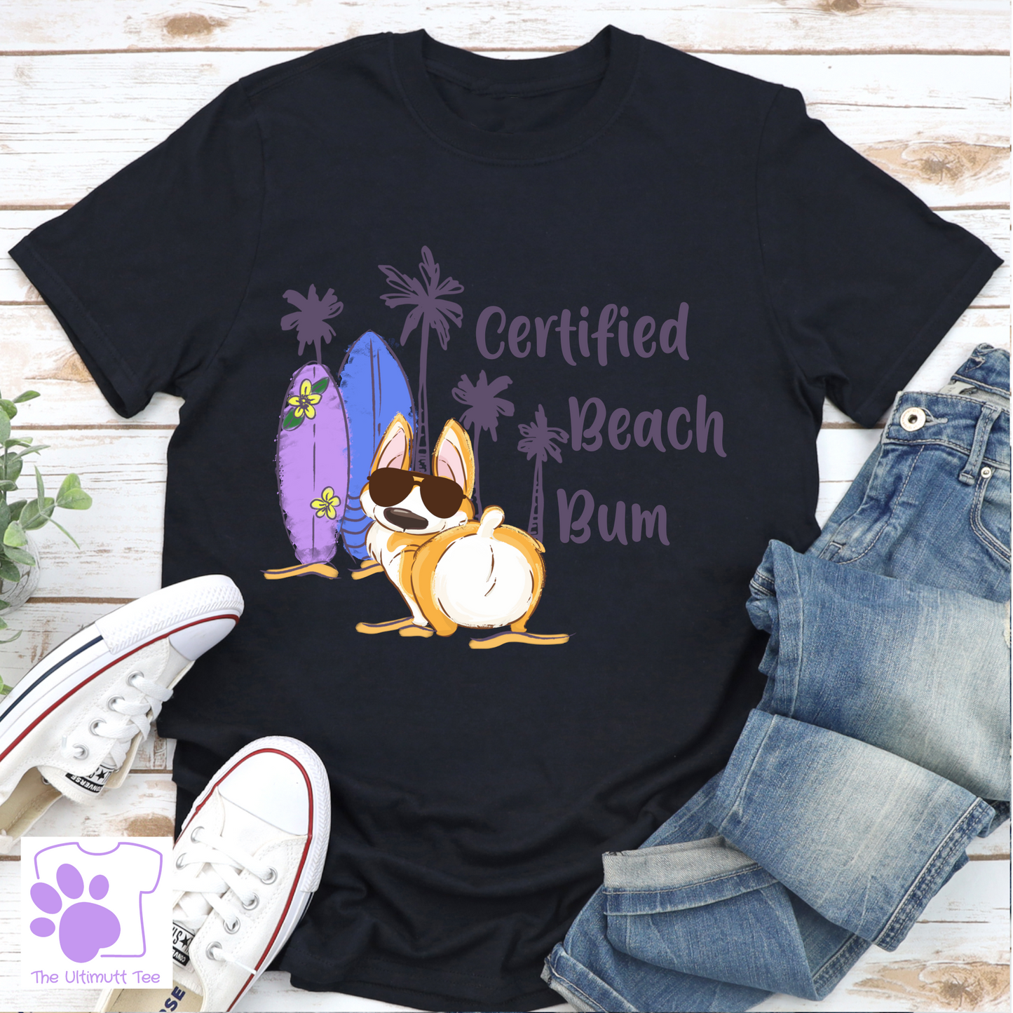 Corgi butt beach bum black dog lover tshirt