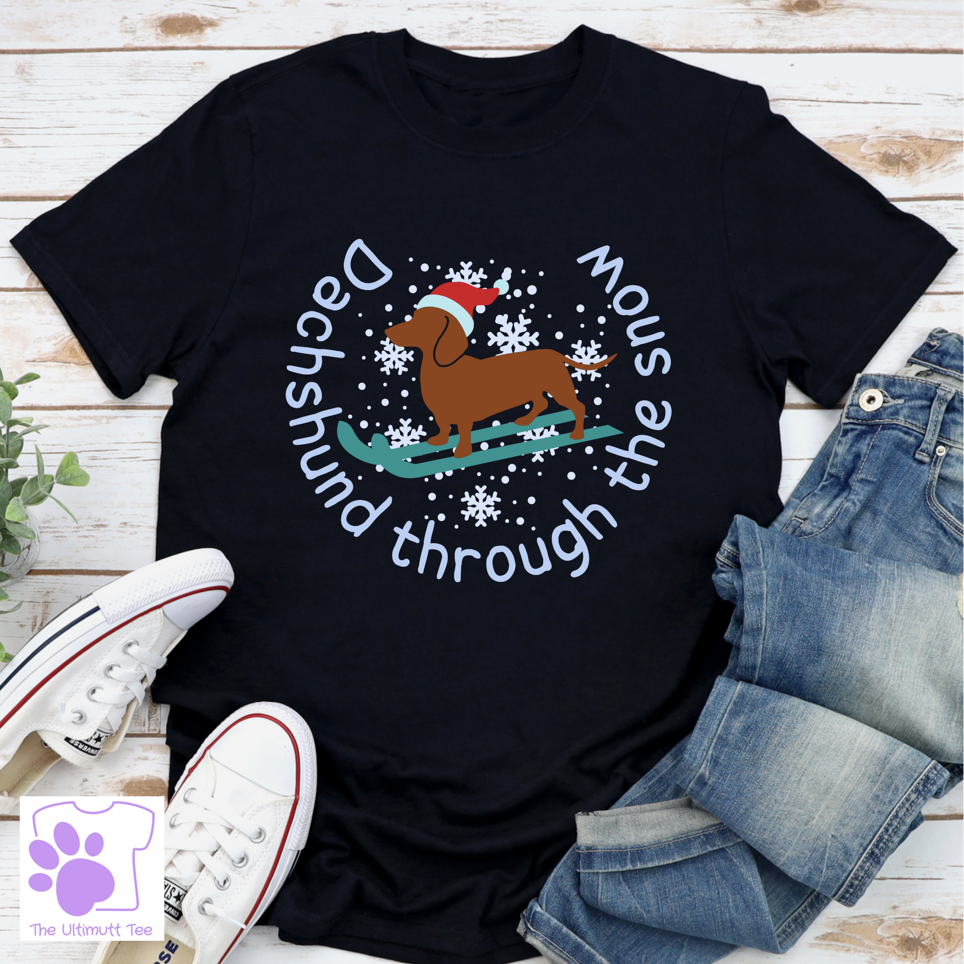 Dachshund through the snow Christmas black dog lover tshirt