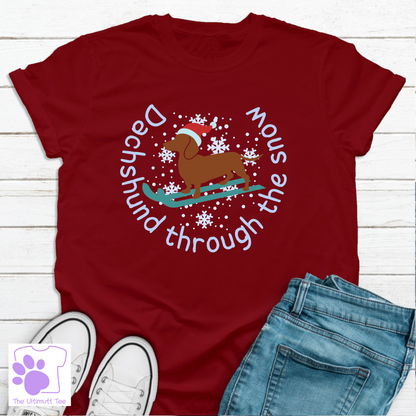 Dachshund through the snow Christmas burgundy dog lover tshirt