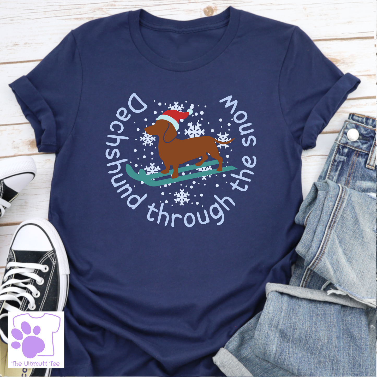 Dachshund through the snow Christmas navy dog lover tshirt