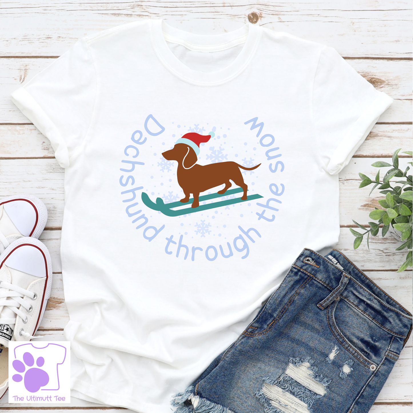 Dachshund through the snow Christmas white dog lover tshirt