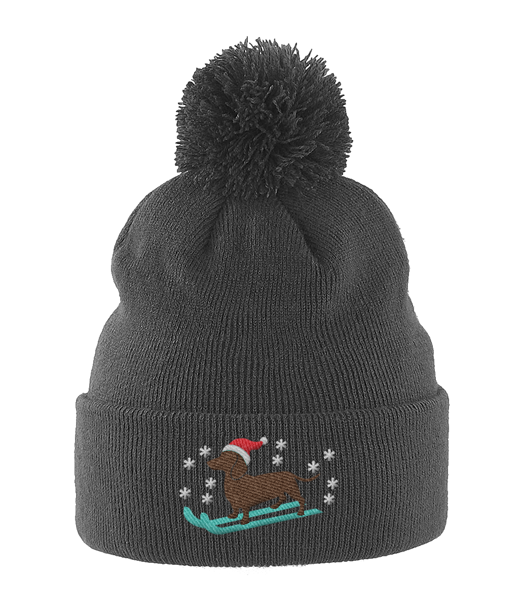 Dachshund Lover Christmas Dog Lover Pompom Beanie Hat grey