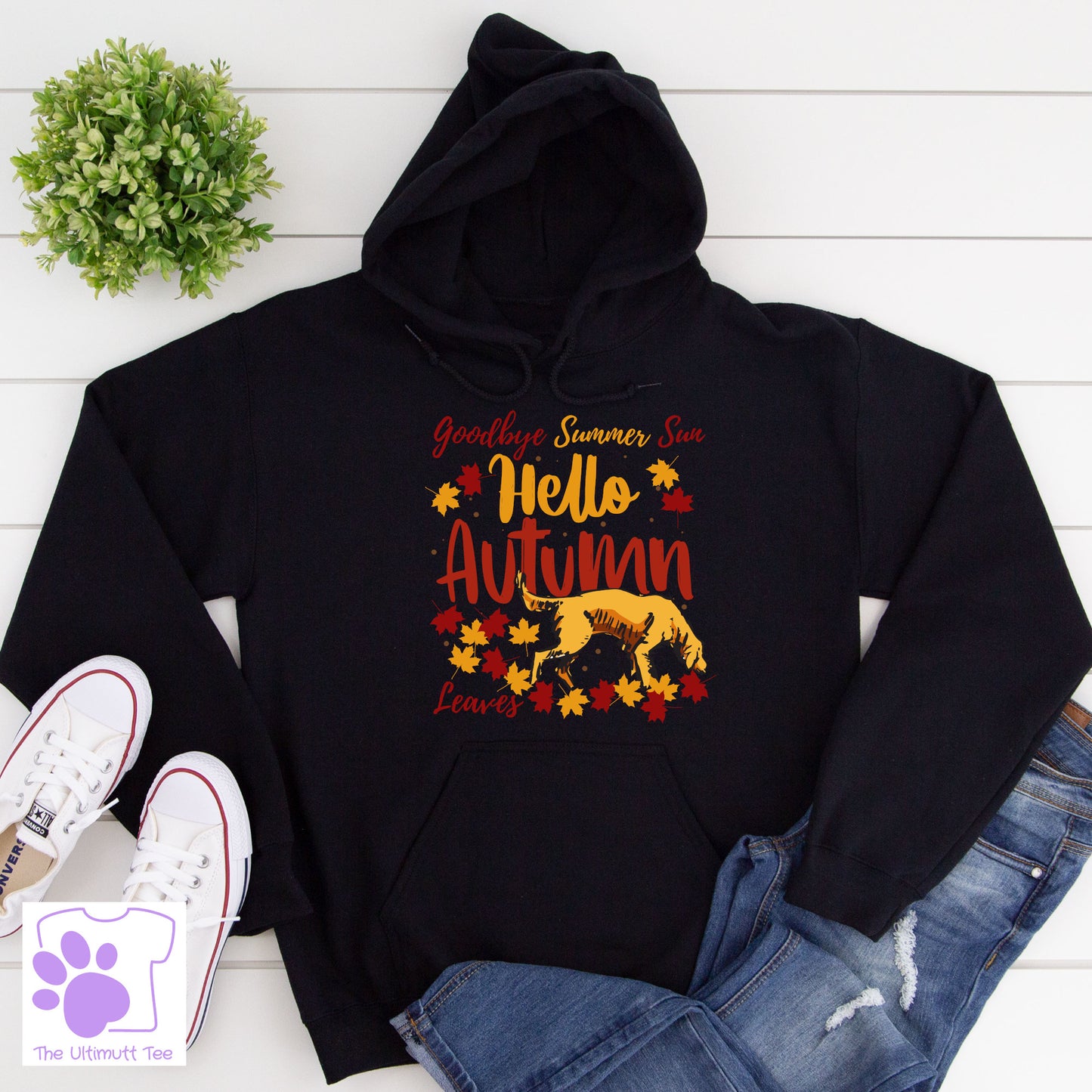 Hello Autumn Dog In Leaves Dog Lover Slogan Hoodie