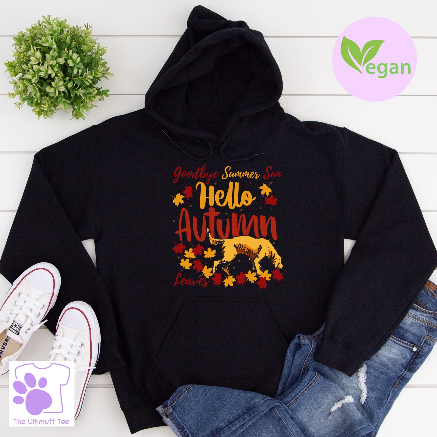 Hello Autumn Dog In Leaves Dog Lover Slogan Hoodie