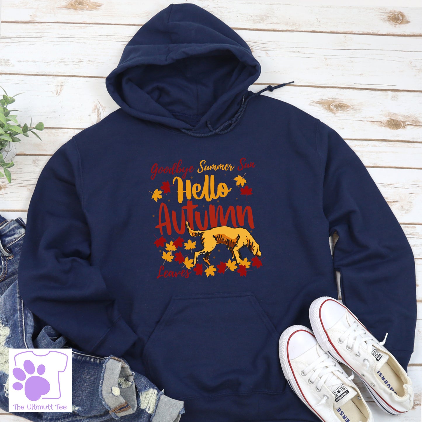 Hello Autumn Dog In Leaves Dog Lover Slogan Hoodie