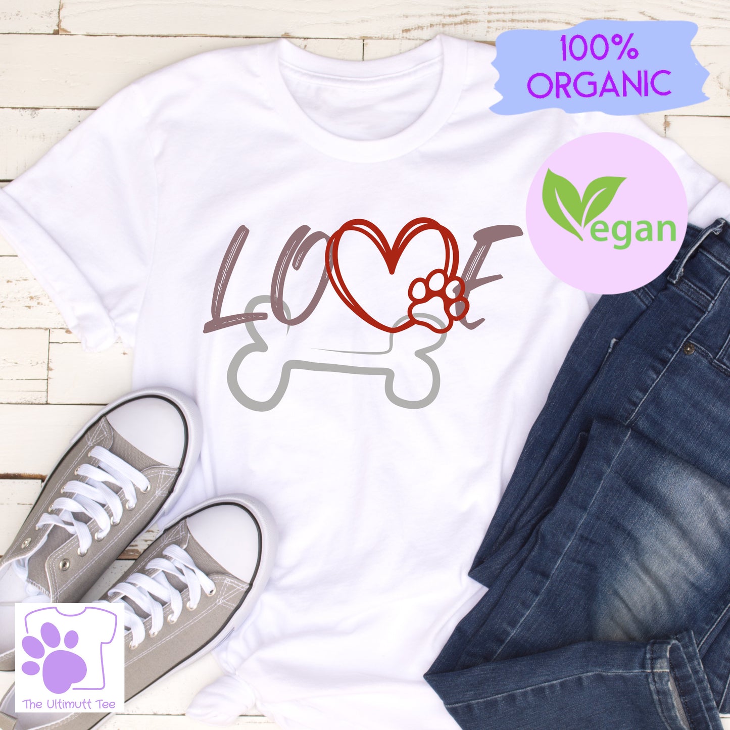 Love Dogs Paw Heart Bone Dog Lover Slogan Vegan T-shirt