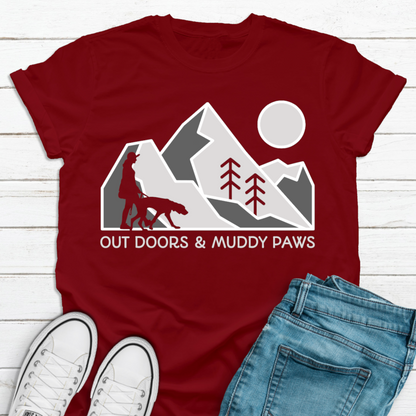 Outdoors And Muddy Paws Mountain Dog Walker, Dog Lover Slogan T-shirt