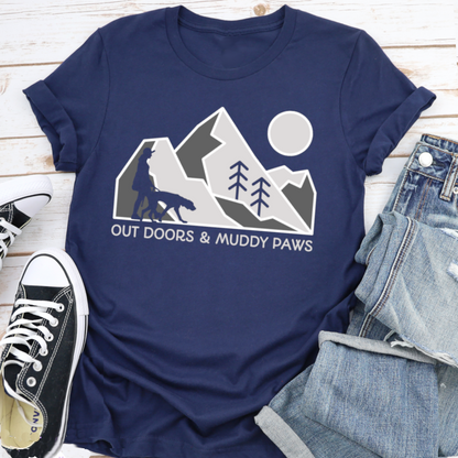 Outdoors And Muddy Paws Mountain Dog Walker, Dog Lover Slogan T-shirt