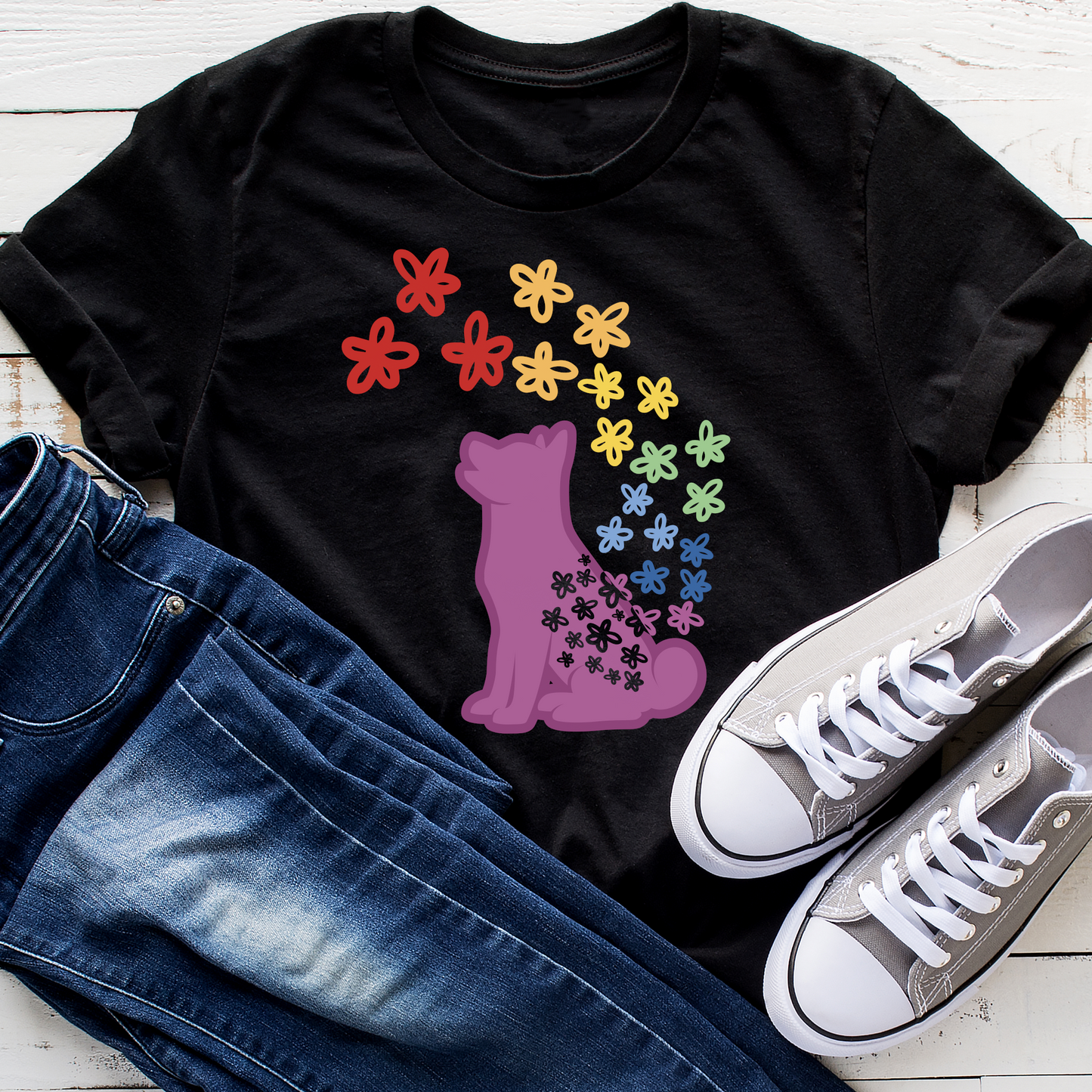 Rainbow Flowers Puppy Silhouette Dog Lover Vegan T-shirt