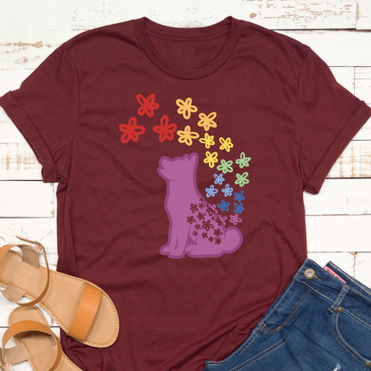 Rainbow Flowers Puppy Silhouette Dog Lover Vegan T-shirt