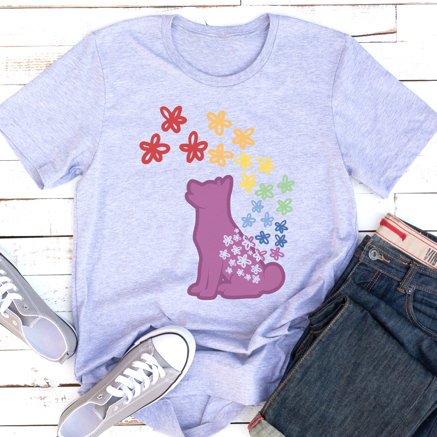 Rainbow Flowers Puppy Silhouette Dog Lover Vegan T-shirt