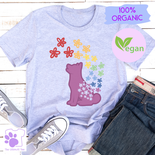 Rainbow Flowers Puppy Silhouette Dog Lover Vegan T-shirt