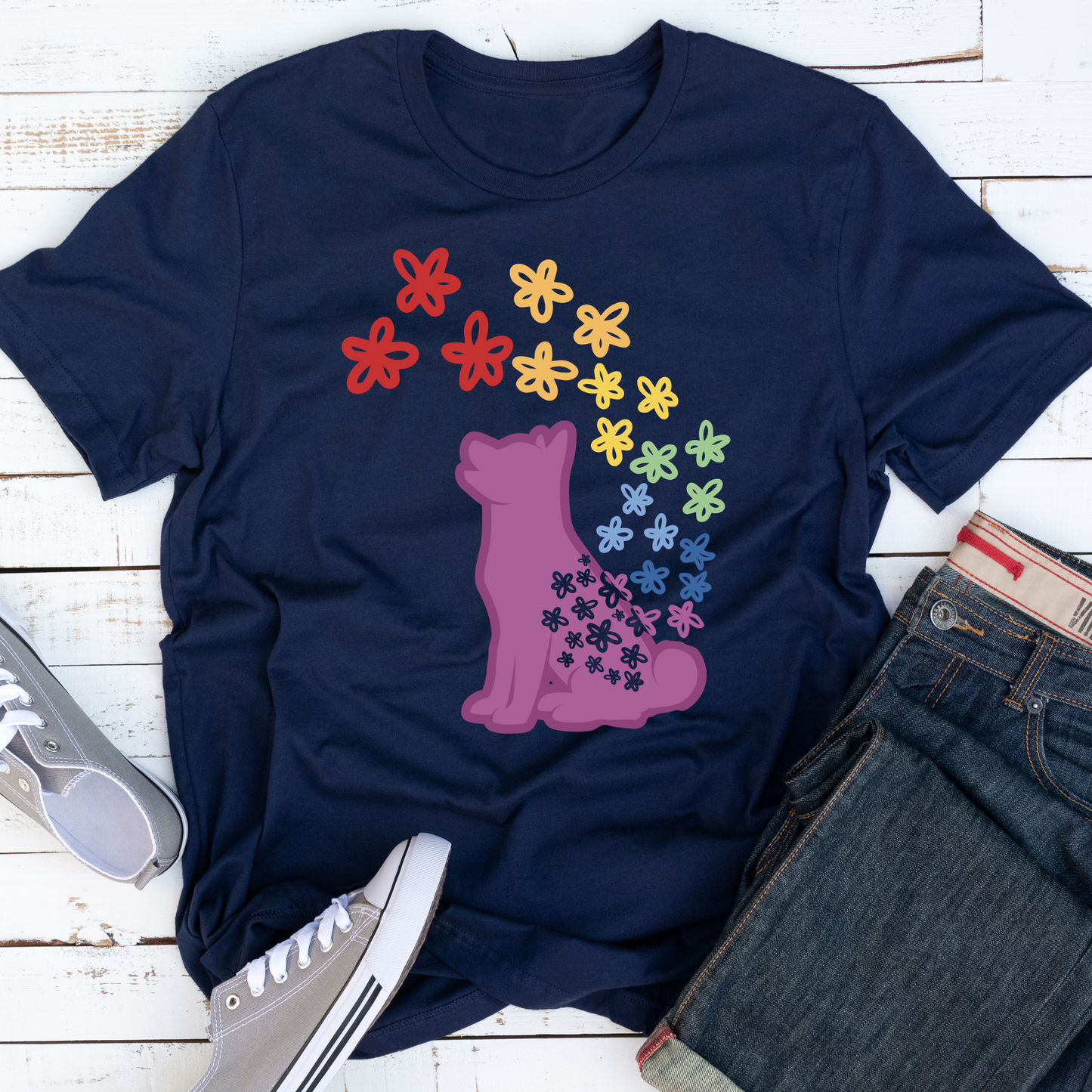 Rainbow Flowers Puppy Silhouette Dog Lover Vegan T-shirt