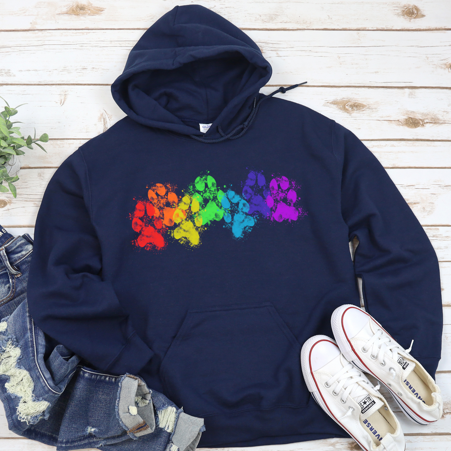 Rainbow muddy paw prints Dog lover Hoodie, Dog slogan Hoodie