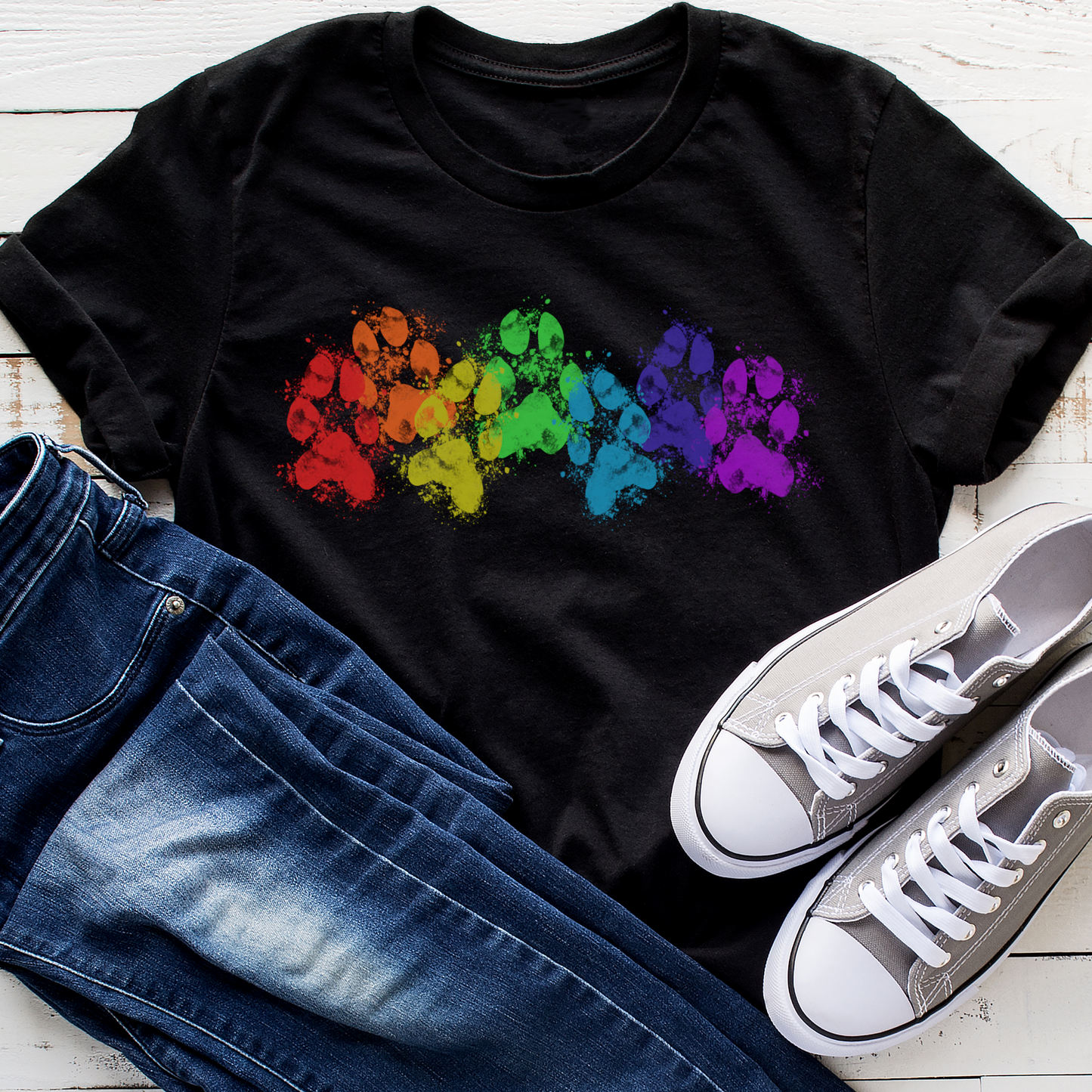 Rainbow Muddy Paw Prints Dog Lover Vegan T-shirt