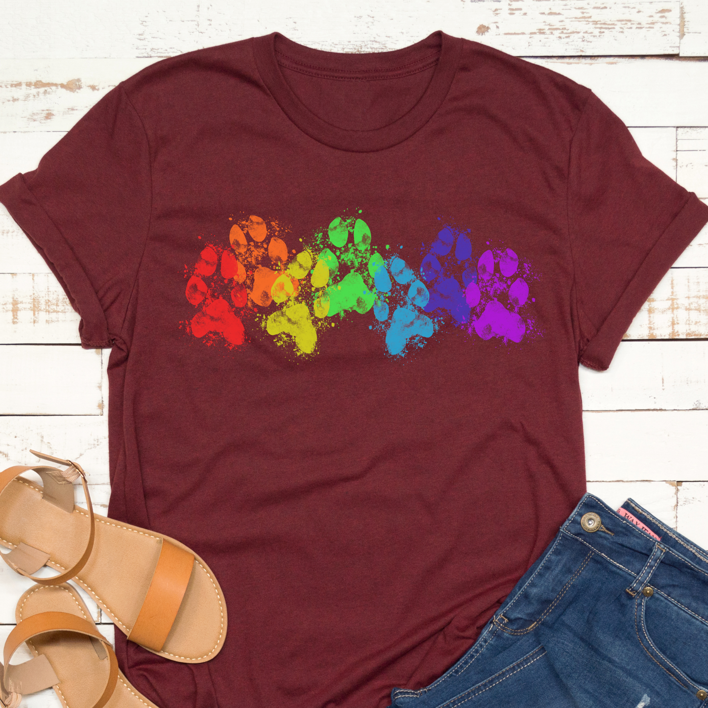 Rainbow Muddy Paw Prints Dog Lover Vegan T-shirt