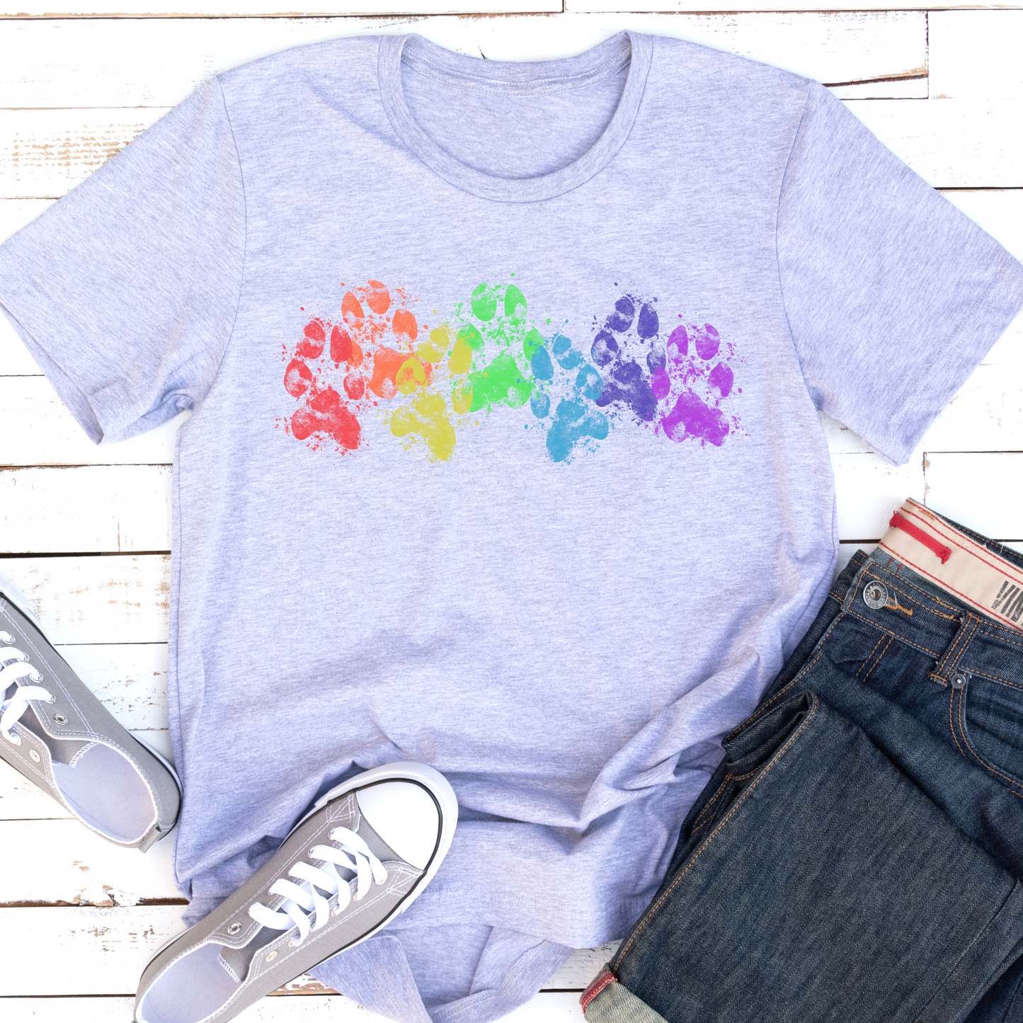 Rainbow Muddy Paw Prints Dog Lover Vegan T-shirt