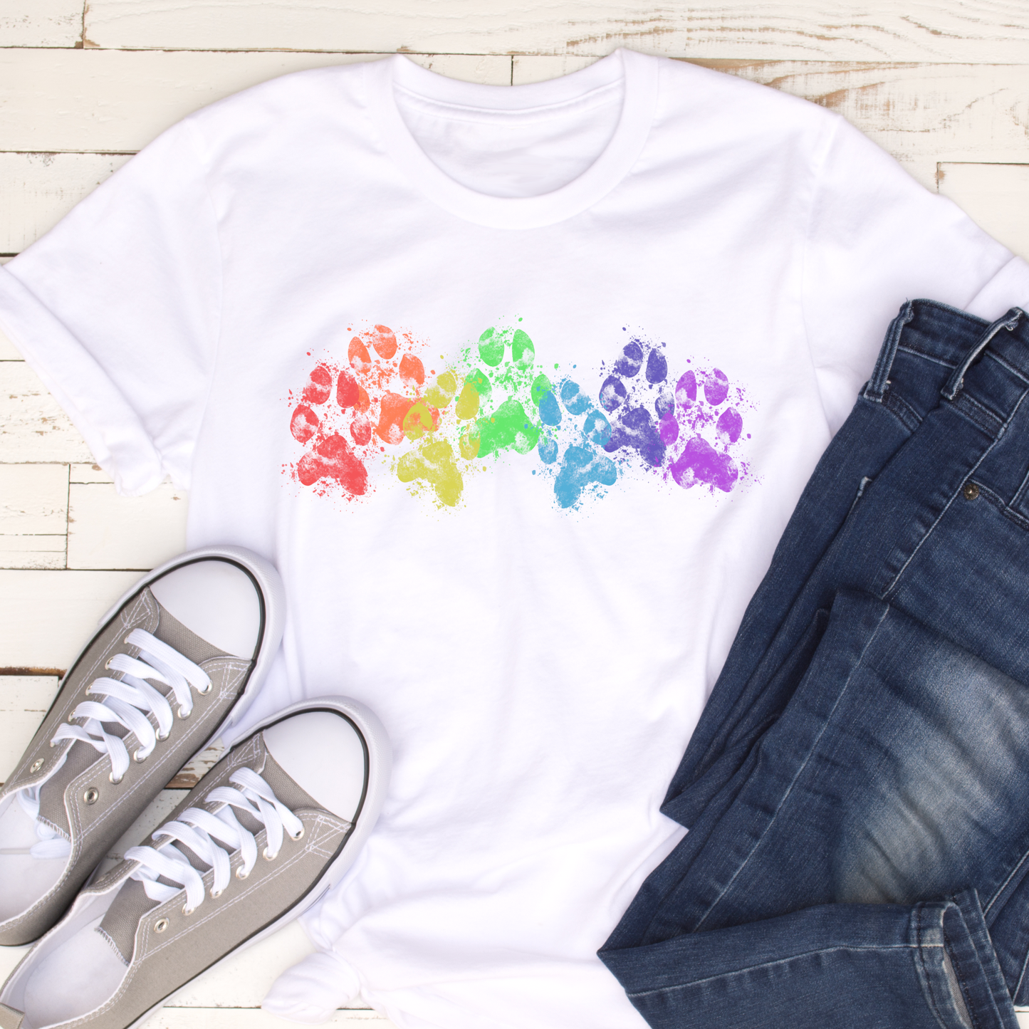 Rainbow Muddy Paw Prints Dog Lover Vegan T-shirt